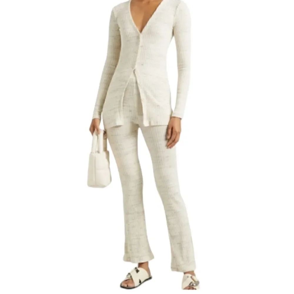 Monrow soft pant poplin flare leg ruffle cuff sweatpants cream white XS